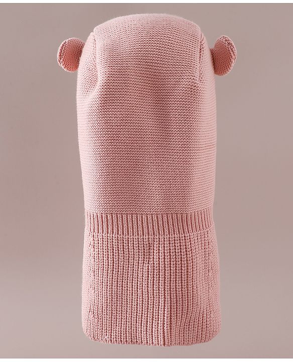 Babyhug Front Open Monkey Cap with Bear Applique & Patch Pink - Diameter 28.5 cm