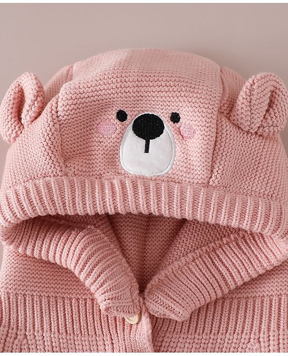 Babyhug Front Open Monkey Cap with Bear Applique & Patch Pink - Diameter 28.5 cm