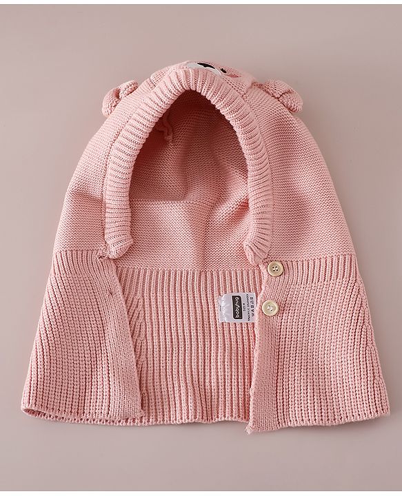 Babyhug Front Open Monkey Cap with Bear Applique & Patch Pink - Diameter 28.5 cm