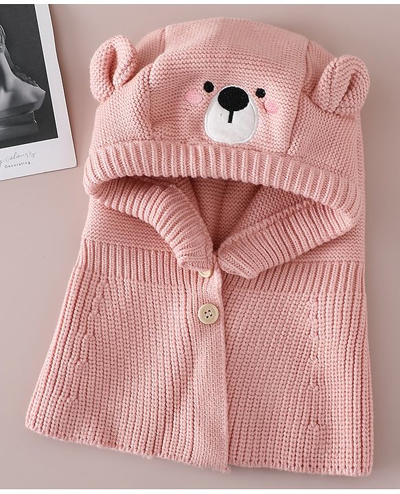 Babyhug Front Open Monkey Cap with Bear Applique & Patch Pink - Diameter 28.5 cm
