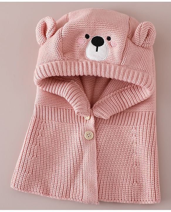 Babyhug Front Open Monkey Cap with Bear Applique & Patch Pink - Diameter 28.5 cm