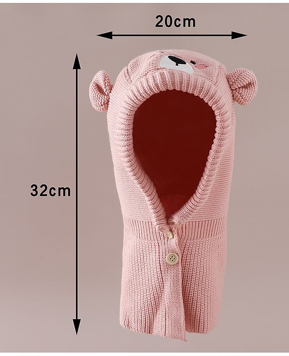 Babyhug Front Open Monkey Cap with Bear Applique & Patch Pink - Diameter 28.5 cm