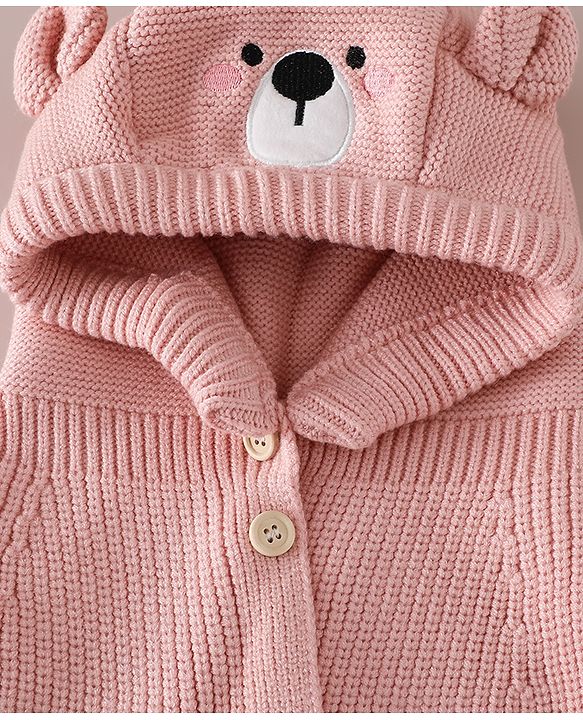 Babyhug Front Open Monkey Cap with Bear Applique & Patch Pink - Diameter 28.5 cm