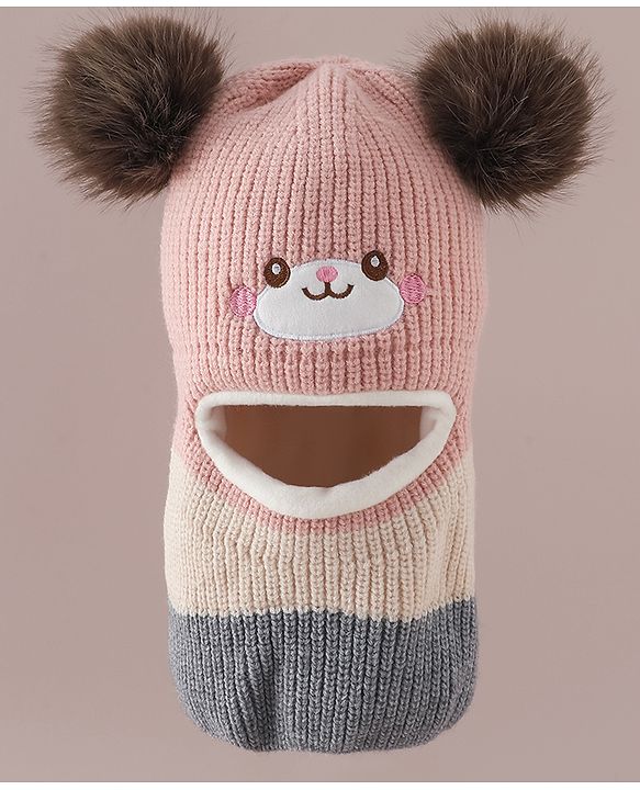 Babyhug Monkey Cap with Pom Pom and Bear Embroidery Pink - Diameter 22 cm