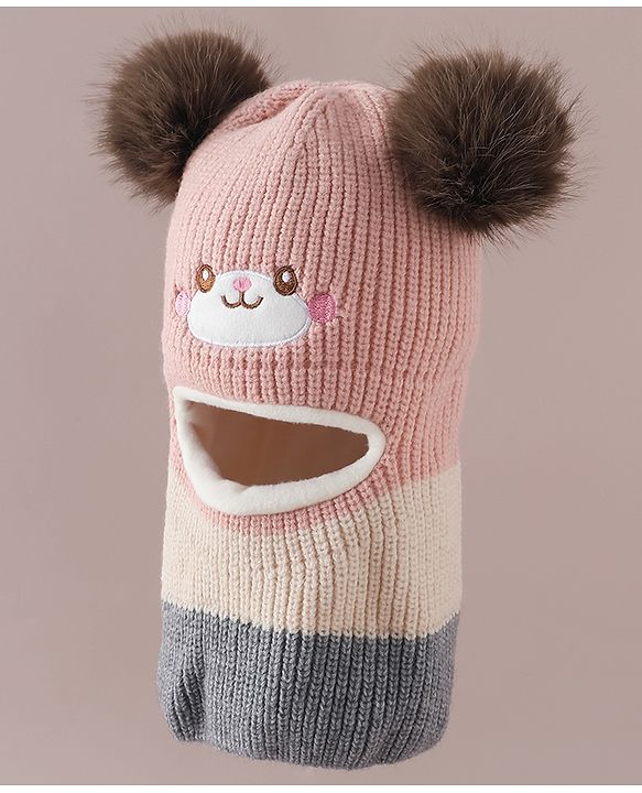 Babyhug Monkey Cap with Pom Pom and Bear Embroidery Pink - Diameter 22 cm