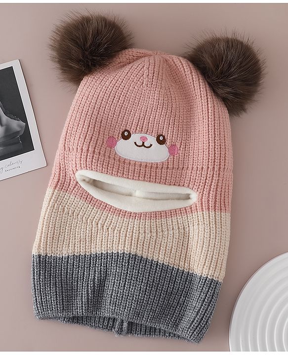 Babyhug Monkey Cap with Pom Pom and Bear Embroidery Pink - Diameter 22 cm