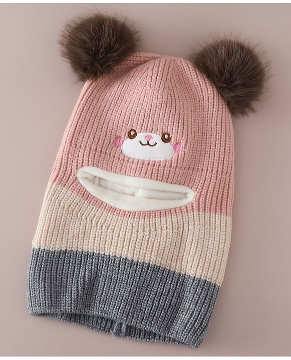 Babyhug Monkey Cap with Pom Pom and Bear Embroidery Pink - Diameter 22 cm