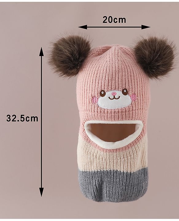 Babyhug Monkey Cap with Pom Pom and Bear Embroidery Pink - Diameter 22 cm