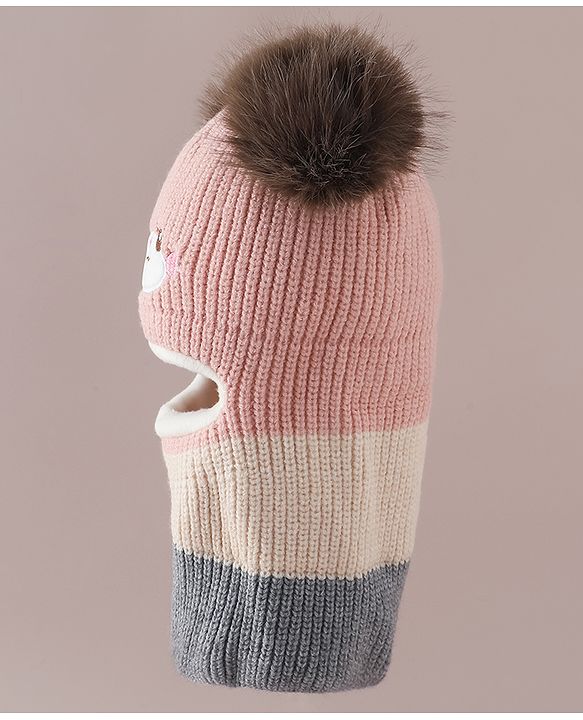 Babyhug Monkey Cap with Pom Pom and Bear Embroidery Pink - Diameter 22 cm