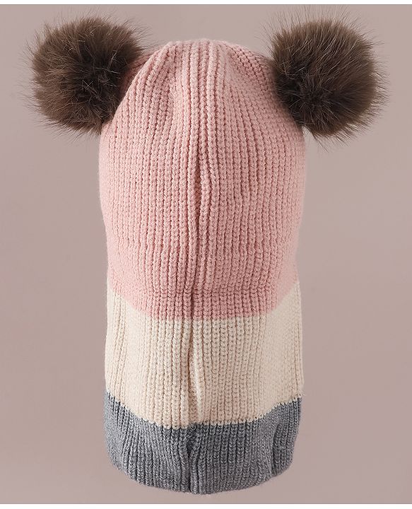 Babyhug Monkey Cap with Pom Pom and Bear Embroidery Pink - Diameter 22 cm