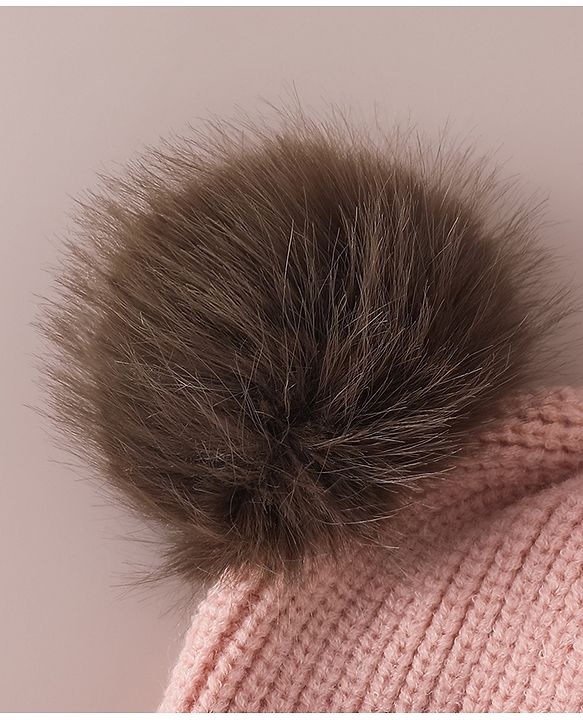 Babyhug Monkey Cap with Pom Pom and Bear Embroidery Pink - Diameter 22 cm