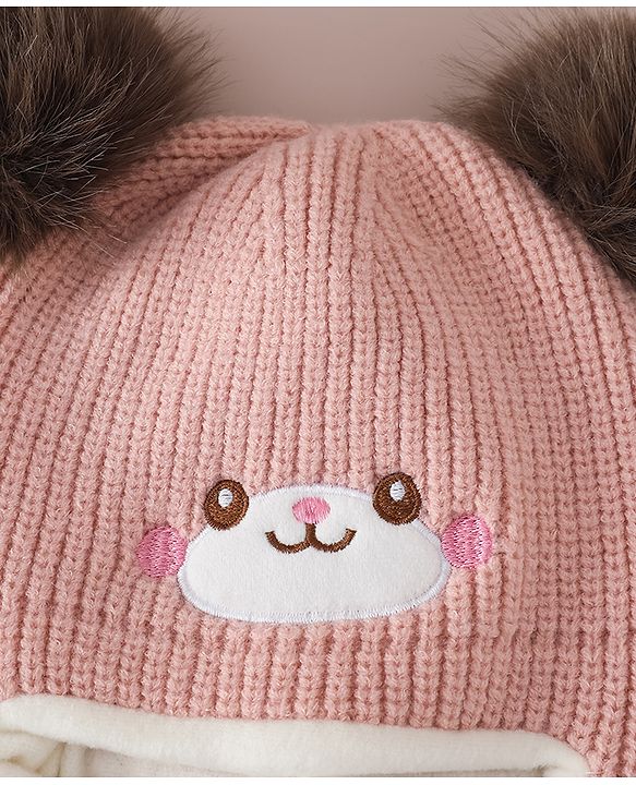 Babyhug Monkey Cap with Pom Pom and Bear Embroidery Pink - Diameter 22 cm
