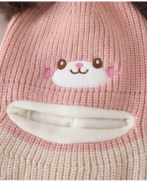 Babyhug Monkey Cap with Pom Pom and Bear Embroidery Pink - Diameter 22 cm