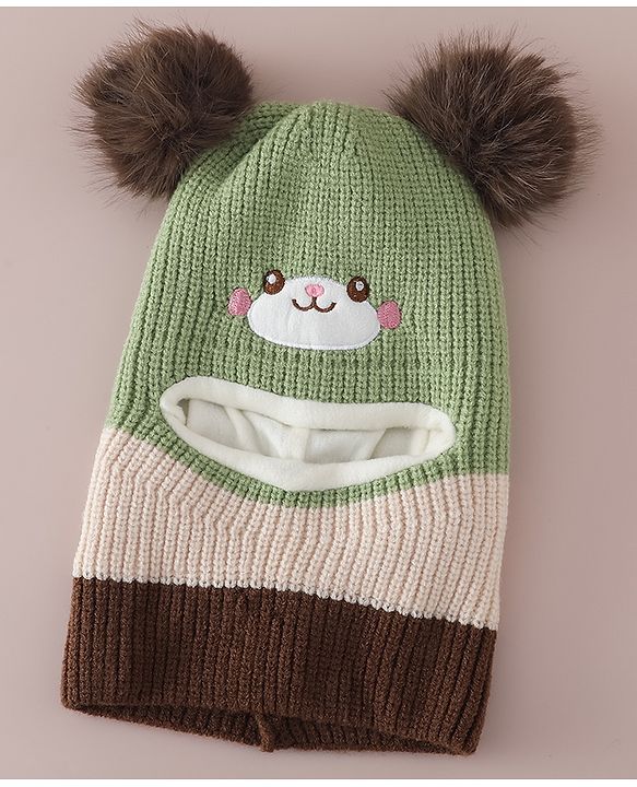 Babyhug Monkey Cap with Pom Pom and Bear Embroidery Pink - Diameter 22 cm