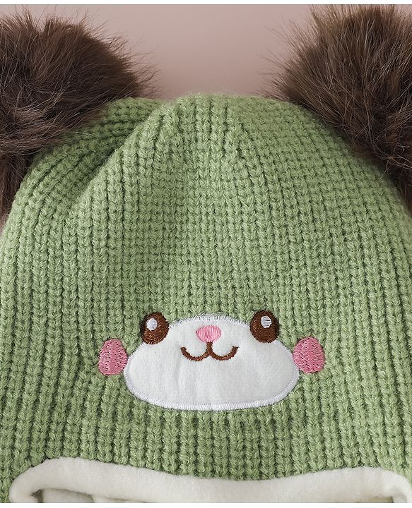 Babyhug Monkey Cap with Pom Pom and Bear Embroidery Pink - Diameter 22 cm