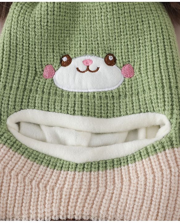 Babyhug Monkey Cap with Pom Pom and Bear Embroidery Pink - Diameter 22 cm