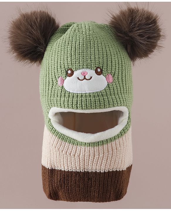 Babyhug Monkey Cap with Pom Pom and Bear Embroidery Pink - Diameter 22 cm