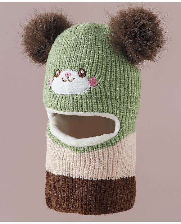 Babyhug Monkey Cap with Pom Pom and Bear Embroidery Pink - Diameter 22 cm