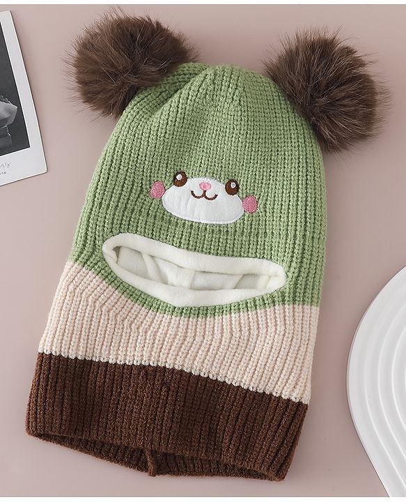 Babyhug Monkey Cap with Pom Pom and Bear Embroidery Pink - Diameter 22 cm