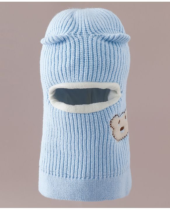 Babyhug Monkey Cap with Bear Embroidery & Ear Applique Light Blue - Diameter 23 cm