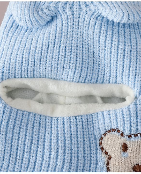 Babyhug Monkey Cap with Bear Embroidery & Ear Applique Light Blue - Diameter 23 cm