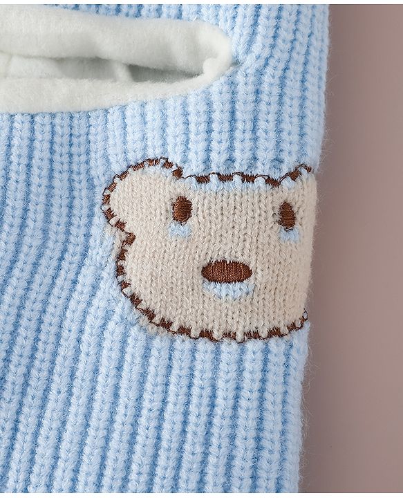 Babyhug Monkey Cap with Bear Embroidery & Ear Applique Light Blue - Diameter 23 cm