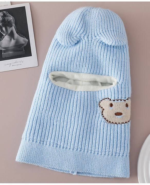 Babyhug Monkey Cap with Bear Embroidery & Ear Applique Light Blue - Diameter 23 cm