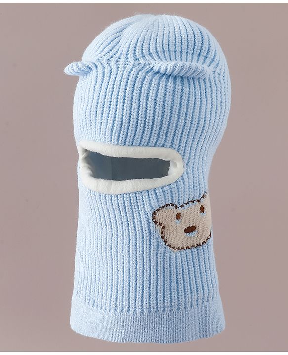 Babyhug Monkey Cap with Bear Embroidery & Ear Applique Light Blue - Diameter 23 cm