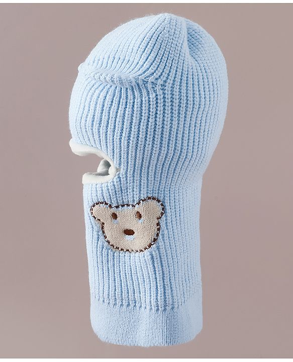 Babyhug Monkey Cap with Bear Embroidery & Ear Applique Light Blue - Diameter 23 cm