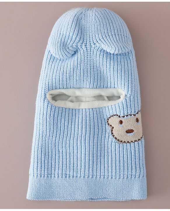 Babyhug Monkey Cap with Bear Embroidery & Ear Applique Light Blue - Diameter 23 cm