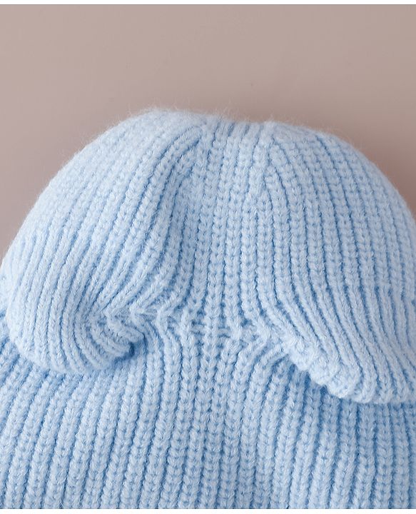 Babyhug Monkey Cap with Bear Embroidery & Ear Applique Light Blue - Diameter 23 cm