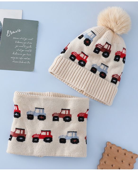 Babyhug Woollen Cap & Sets WIth Vehicle Design in Beige - Diameter 18 cm