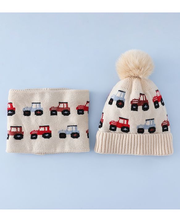Babyhug Woollen Cap & Sets WIth Vehicle Design in Beige - Diameter 18 cm