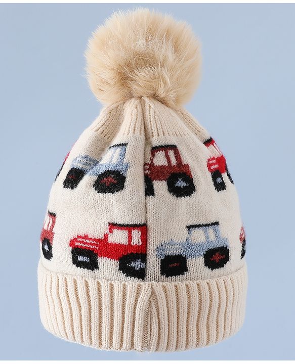 Babyhug Woollen Cap & Sets WIth Vehicle Design in Beige - Diameter 18 cm