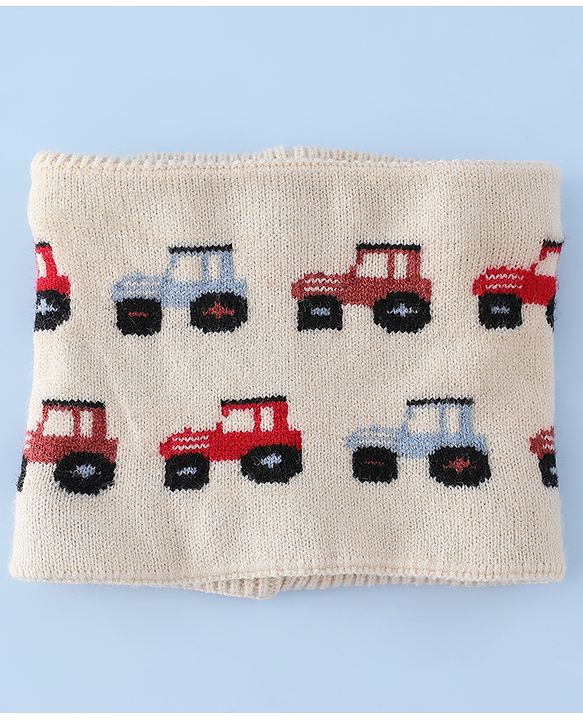 Babyhug Woollen Cap & Sets WIth Vehicle Design in Beige - Diameter 18 cm