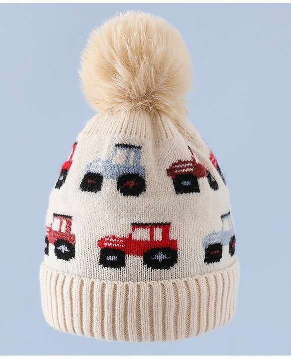 Babyhug Woollen Cap & Sets WIth Vehicle Design in Beige - Diameter 18 cm