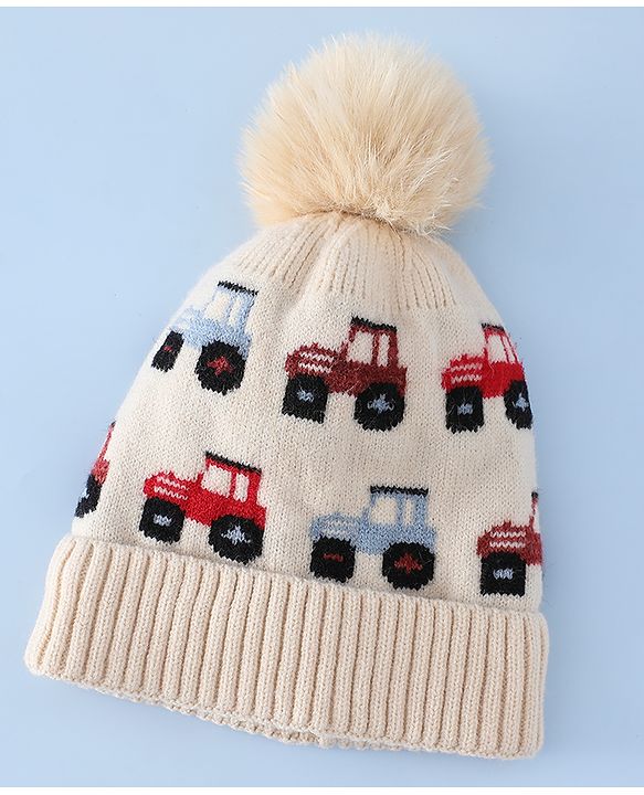 Babyhug Woollen Cap & Sets WIth Vehicle Design in Beige - Diameter 18 cm