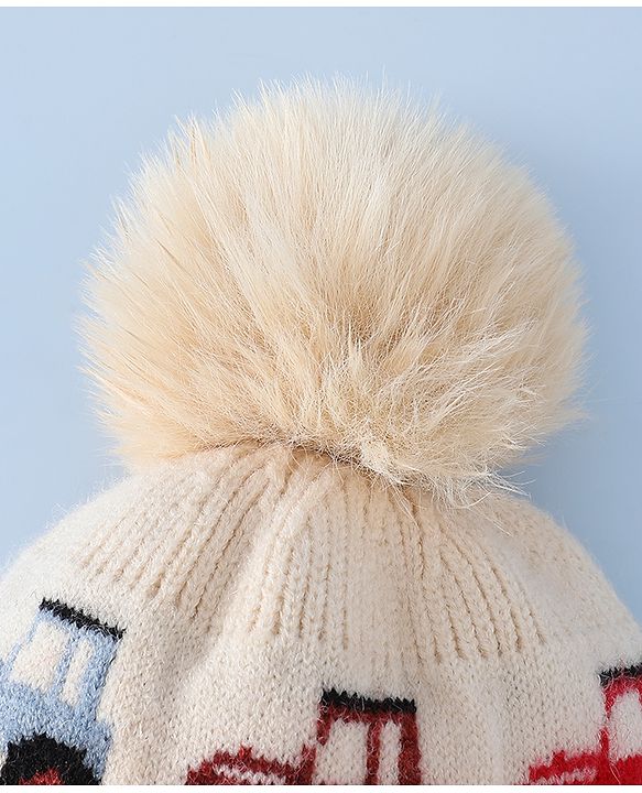Babyhug Woollen Cap & Sets WIth Vehicle Design in Beige - Diameter 18 cm