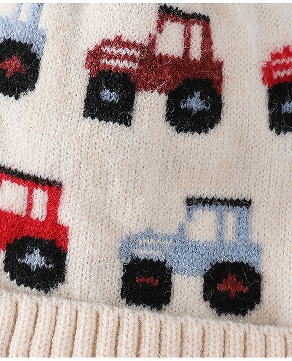 Babyhug Woollen Cap & Sets WIth Vehicle Design in Beige - Diameter 18 cm
