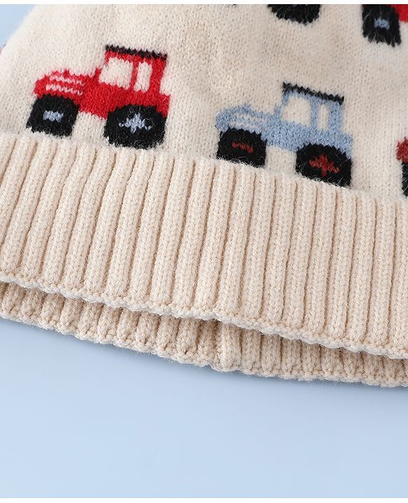 Babyhug Woollen Cap & Sets WIth Vehicle Design in Beige - Diameter 18 cm