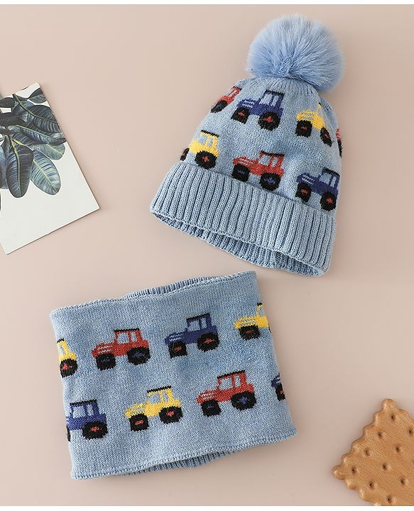 Babyhug Woollen Cap & Sets WIth Vehicle Design in Beige - Diameter 18 cm