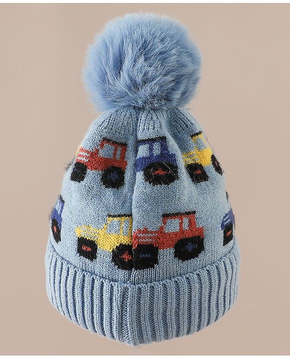 Babyhug Woollen Cap & Sets WIth Vehicle Design in Beige - Diameter 18 cm