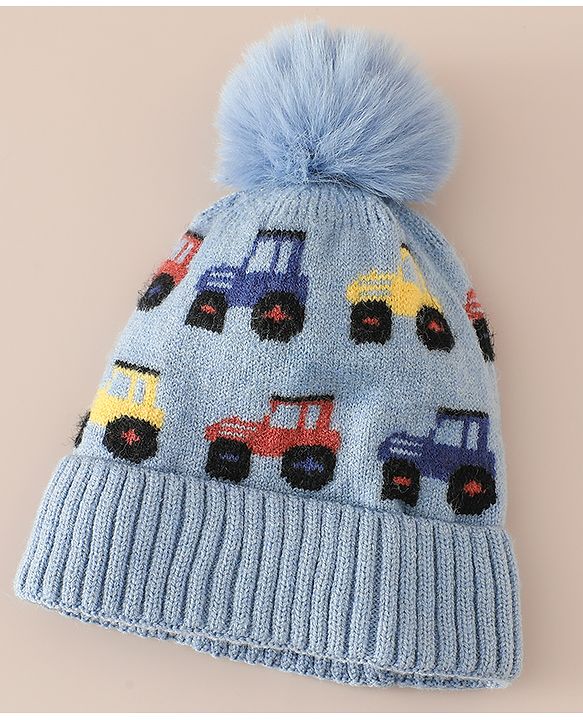Babyhug Woollen Cap & Sets WIth Vehicle Design in Beige - Diameter 18 cm