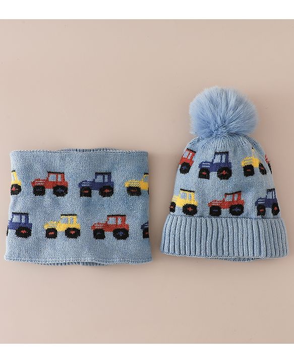 Babyhug Woollen Cap & Sets WIth Vehicle Design in Beige - Diameter 18 cm