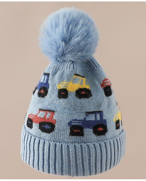 Babyhug Woollen Cap & Sets WIth Vehicle Design in Beige - Diameter 18 cm