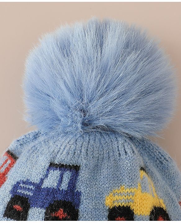 Babyhug Woollen Cap & Sets WIth Vehicle Design in Beige - Diameter 18 cm