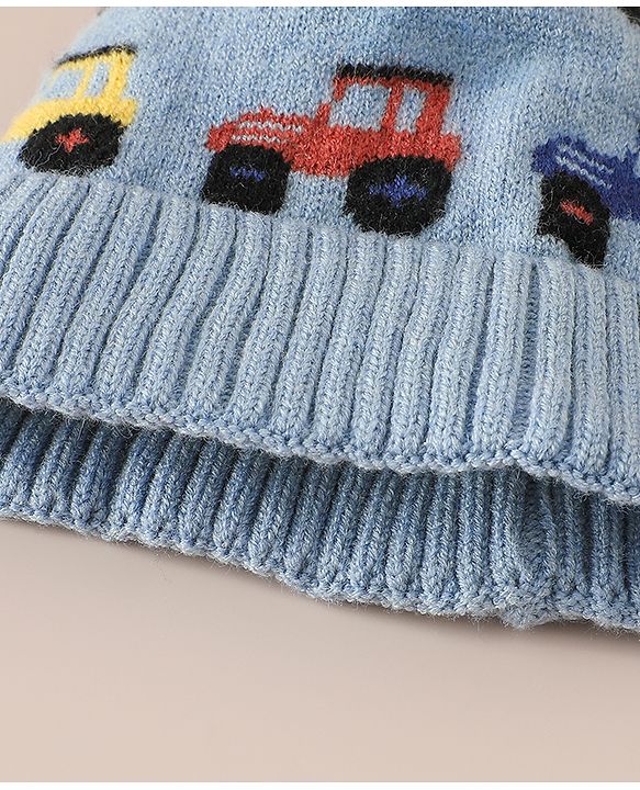 Babyhug Woollen Cap & Sets WIth Vehicle Design in Beige - Diameter 18 cm