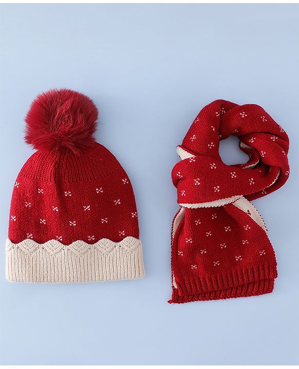 Babyhug Woollen Cap & Sets With Floral Design Red - Diameter 18.5 cm