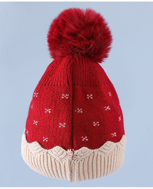 Babyhug Woollen Cap & Sets With Floral Design Red - Diameter 18.5 cm