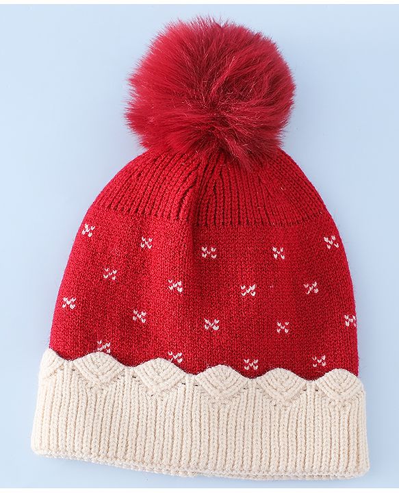 Babyhug Woollen Cap & Sets With Floral Design Red - Diameter 18.5 cm